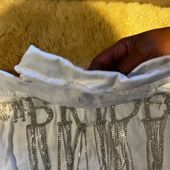 Brand New!! White Denim Rhinestone Fringed Trimmed Denim Jacket - Picture 7 of 8